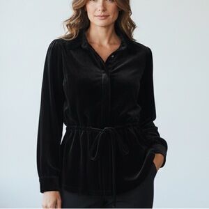 Black Velvet Button-Front Jacket • Silk Blend • Drawstring Waist • XL
